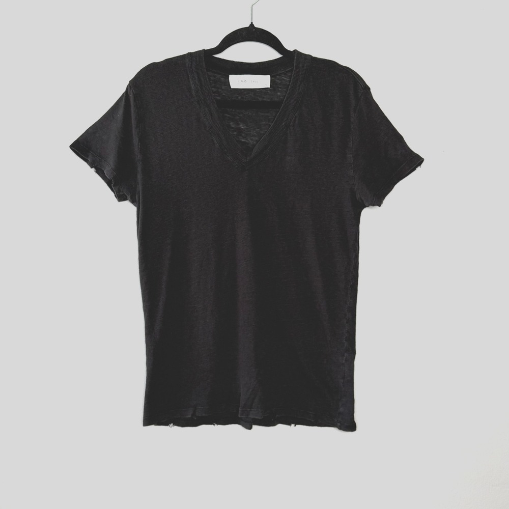 IRO Jeans Libby Linen Top Womens S Black V-Neck Distressed Hems Portugal‎ Modern